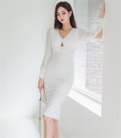 BGTEEVER-vestido ajustado con cuello en V para mujer, prenda elegante de manga larga con cintura ajustada, color liso, para otoño - details 12