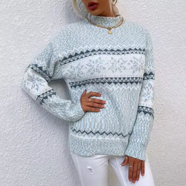 Suéter de cuello alto Medio para mujer, prendas de punto de copos de nieve de Navidad, jersey de cuello redondo, moda de invierno, 2024 - 1