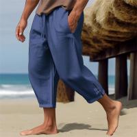 Pantalones capri de lino ligeros, corte holgado, cintura elástica, estilo informal de playa para hombres - details 1