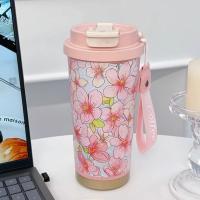 Termo portátil de acero inoxidable con diseño de flores, a prueba de fugas, capacidad de 500 ml, con pajita, doble pared, para viaje y uso en el coche. - details 17