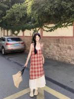 Dos vestidos camisola de encaje a cuadros falsos, estilo de vacaciones junto al mar de verano para mujer, sentido del diseño, falda larga de nicho - details 15
