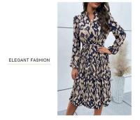 Elegante Vestido de Manga Larga con Estampado de Leopardo Cuello en V, Cintura Ajustada con Lazo, Falda Plisada 100% Poliéster - details 6