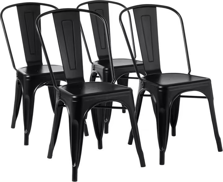Paquete de 4 sillas de comedor de metal apilables con respaldo para bistró, cocina, interior y exterior, Negro, 51 x 43 x 85 cm - 1