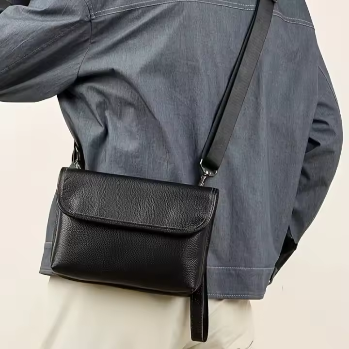 Bolso bandolera de cuero premium para hombre - Negro elegante, estilo casual para uso diario - 1