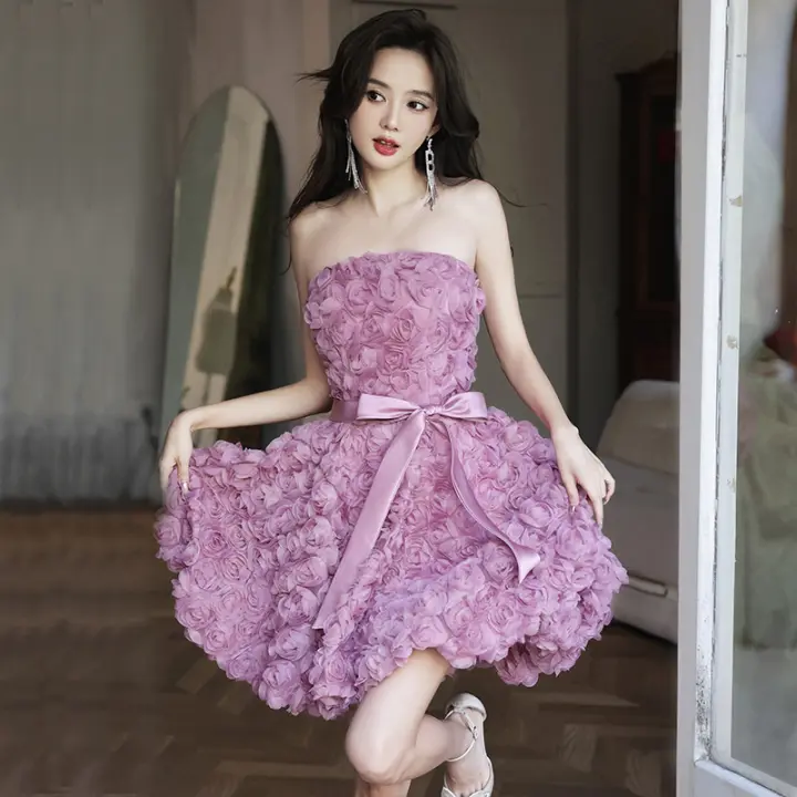Vestido de noche corto para banquete, fiesta de cumpleaños para mujer, vestido de alta sociedad francés sin tirantes ligero de lujo - 1