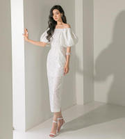 BGTEEVER-vestido ceñido con manga abombada para mujer, prenda elegante con abertura en la cadera, cuello de barco, cintura ajustada, Verano - details 13