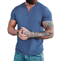 Camiseta de manga corta Henley para hombre, ropa informal de algodón, color blanco, azul vaquero, M-6XL, paquete de 2 - details 2
