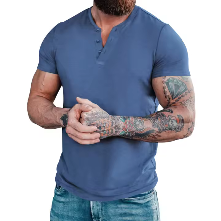 Camiseta de manga corta Henley para hombre, camisa informal de algodón, camisas Henley, M-6XL azul Denim - 1
