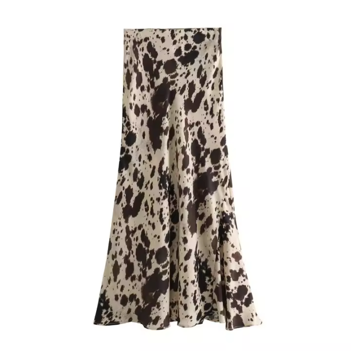 Falda midi de longitud media con textura de seda estampada versátil para mujer primavera otoño - 1