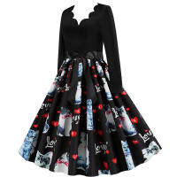 Women plaid print long sleeve vintage a line party dress v neck - details 110