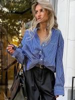 Camisa de mujer blusa a rayas abotonada azul primavera y otoño suelta estilo coreano venta de nuevos Tops femeninos 2024 - details 5