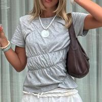 Camiseta elegante de verano Y2k para mujer, camisetas básicas de manga corta con cuello redondo arrugado, ropa de calle estética - details 3