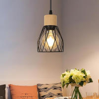 Goeco-Lámpara de Techo Colgante E27, Luz de Techo Vintage Industrial en Madera, Diseño de Jaula de Metal, Negro (Sin Bombilla) - details 1