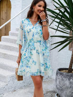 Vestido de primavera y verano para mujer, Media manga, estampado de flores, elegante cuello en V, informal, línea A, hasta la rodilla, cintura alta - details 7