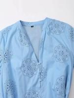 OUWU- Vestido Mini de Verano 2025 para Mujer de Algodón Azul Claro con Bordado, Cuello en V, Botones, Cinturón, Manga Abullonada y Diseño de Ojales. - details 3