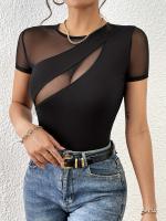 Nueva camiseta de manga corta con empalme de red, tops delgados para mujeres - details 5