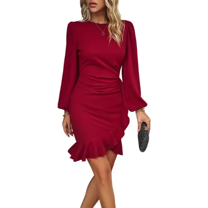 Vestido de otoño para mujer, manga larga abullonada, cintura alta, dobladillo con volantes, rojo S - 1