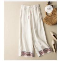 Pantalones de lino y algodón de cintura alta para mujer, pantalón de pierna ancha, largo, elástico, informal, liso, bordado, moda coreana, 2024 - details 4