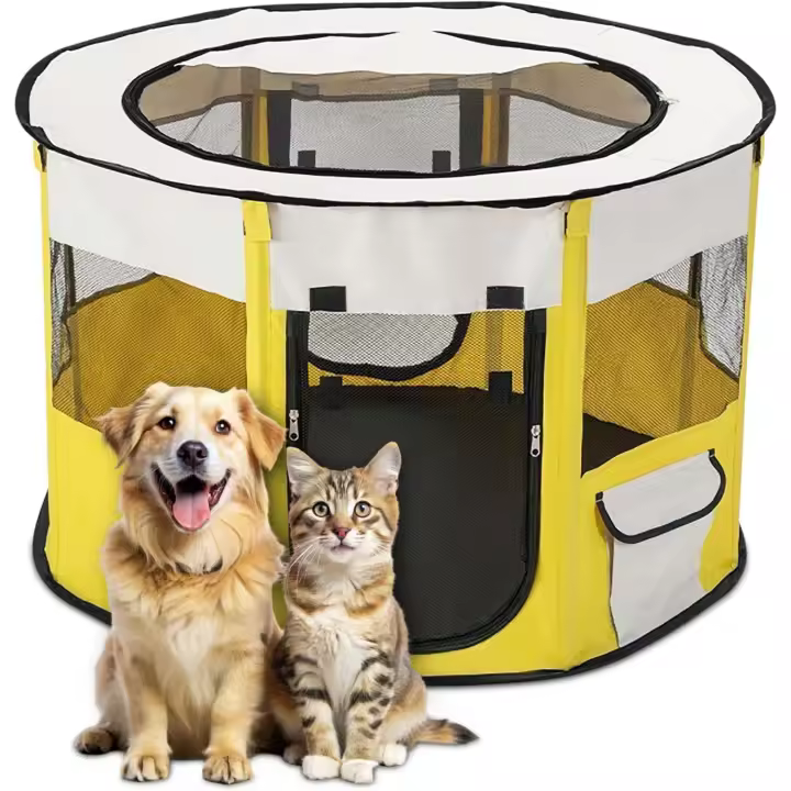 ALLSOPETS Parque para Perros Gatos Jaula Plegable para Cachorro Perro Gato Recinto Durable para Mascotas con Bolso de Mano Portátil Ideal para Interior y Exterior (Oso Marrón, M) - 1