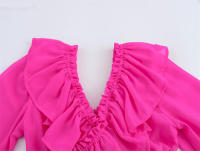 OUWU- Camisa elegante de gasa rosa fuerte para mujer 2025, blusas cortas elásticas con cuello en V y dobladillo con volantes en cascada - details 2
