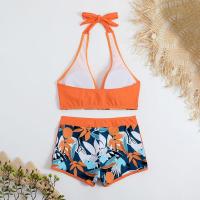 Bikini abierto con estampado de hojas retro en talla grande, conjunto de traje de baño de dos piezas con correas estables para mujer - details 48
