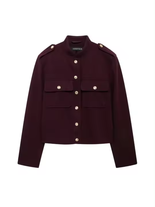Abrigo Vintage Rojo Vino para Mujer Chaqueta de Manga Larga con Cuello Redondo y Un Solo Pecho - 1