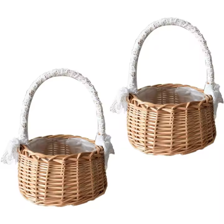2 Piezas Cestas Pequeñas Mimbre con Asa, Boda Flor Cesta, Cesta de Paja, Cesta para Comuniones, Cestas Tejidas con Lazo, Cesta de Flores Tejida para Boda Ceremonia Fiesta, Decoración Del Jardín - 1