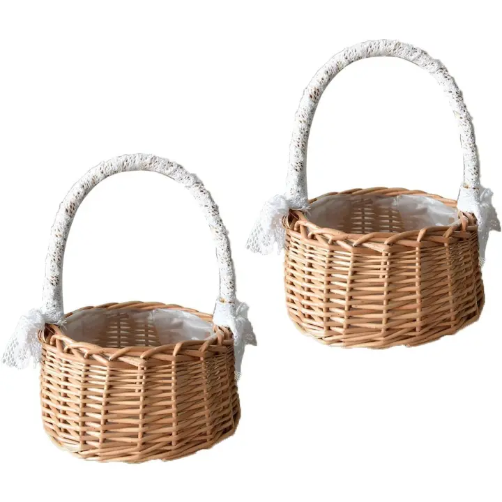 2 Piezas Cestas Pequeñas Mimbre con Asa, Boda Flor Cesta, Cesta de Paja, Cesta para Comuniones, Cestas Tejidas con Lazo, Cesta de Flores Tejida para Boda Ceremonia Fiesta, Decoración Del Jardín - 1