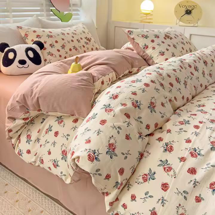 Juego de cama: Sábana ajustable de algodón lavado puro de cuatro piezas, funda de edredón, juego de tres piezas de cama individual para dormitorio de estudiantes: Sábana, funda - 1