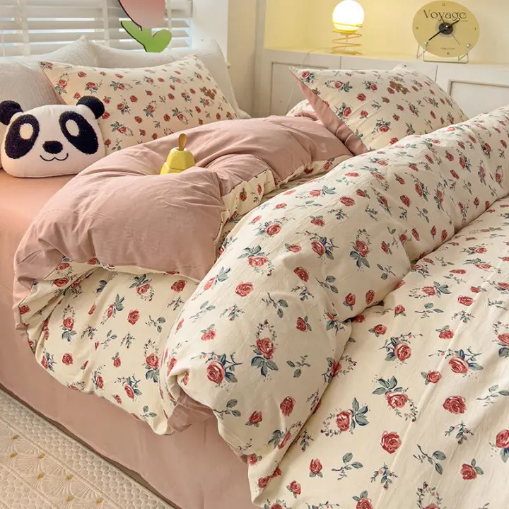 Juego de cama: Sábana ajustable de algodón lavado puro de cuatro piezas, funda de edredón, juego de tres piezas de cama individual para dormitorio de estudiantes: Sábana, funda - 1