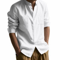 Camisa de lino de primavera y otoño, manga larga, cuello alto, transpirable, pegatina informal, camisa de bolsillo, hombres - details 14