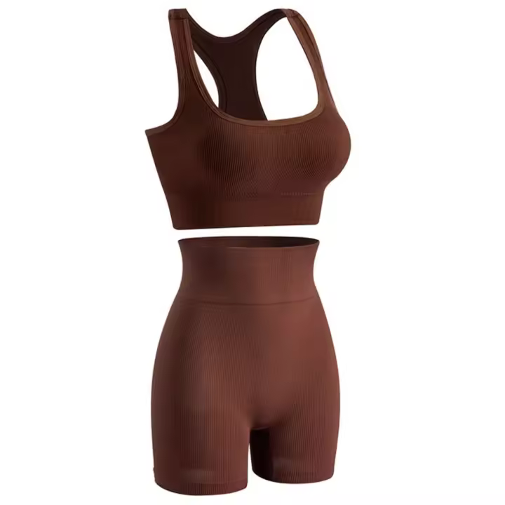 Chándal acanalado de cuello redondo para gimnasio, Sujetador deportivo corto de cintura alta, conjunto activo a juego, trajes de entrenamiento sin costuras, 2 piezas - 1