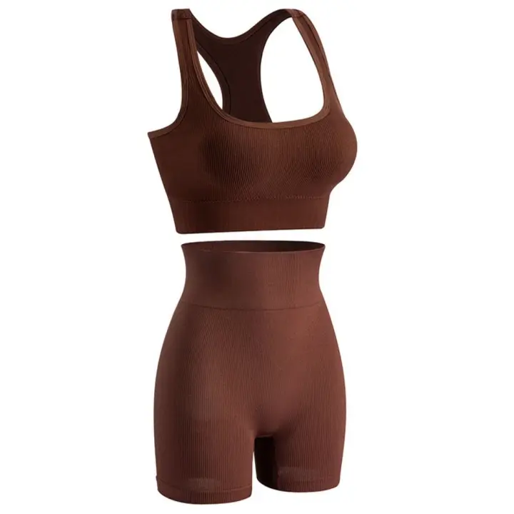 Chándal acanalado de cuello redondo para gimnasio, Sujetador deportivo corto de cintura alta, conjunto activo a juego, trajes de entrenamiento sin costuras, 2 piezas - 1