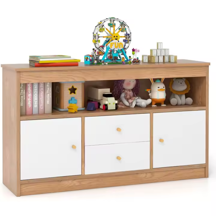 Armario de Juguetes para Niños, Estantería Infantil de Madera con Estante Abierto, 2 Cajones y 2 Puertas, Mueble Multifuncional para Salón, Dormitorio, Guardería, Jardín de Infancia (Natural) - 1