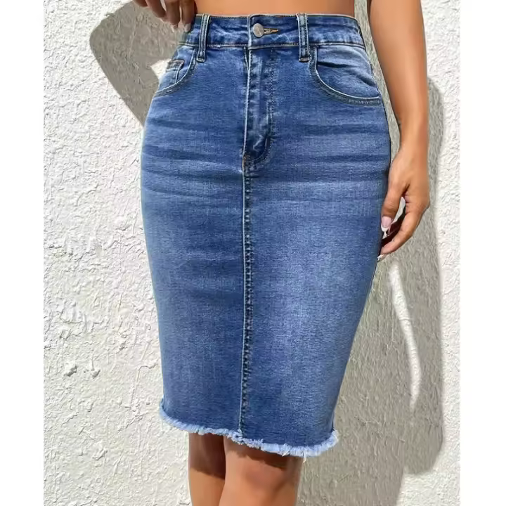 Faldas de mezclilla de cintura alta para mujer, pantalones vaqueros elásticos hasta la rodilla, falda ceñida informal - 1