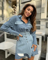 Nueva moda cuello de solapa patchwork color manga larga camisa vestido cintura cierre de dos piezas - details 2