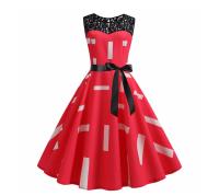 Lace patchwork summer women a line elegant vintage party dress with belt - details 55