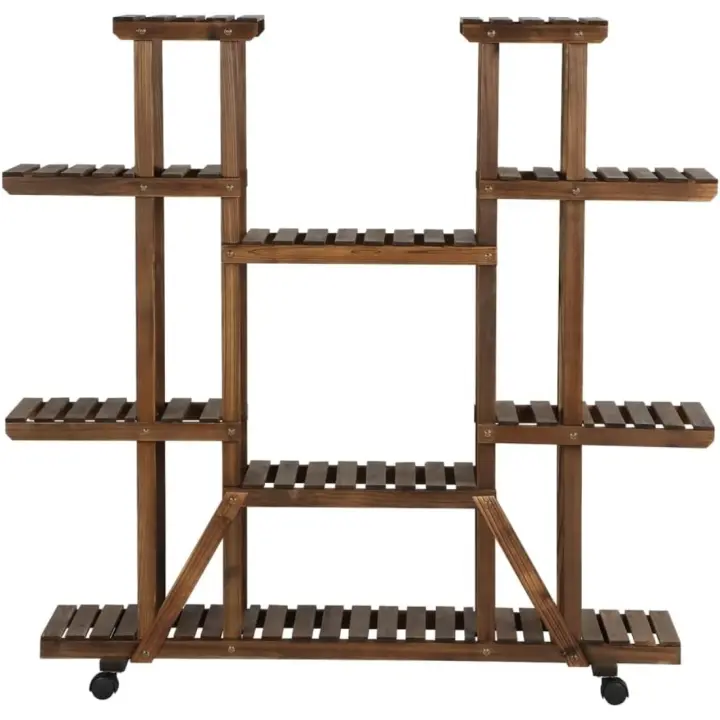 124x33x120cm Soporte para Plantas Interior Estanteria Madera para Plantas con Ruedas Desmontable Estante Decorativo de Macetas - 1