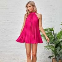 Mini Vestidos con lazo y cuello Halter para mujer, vestido plisado sin mangas con pliegues holgados de Color sólido a la moda - details 2