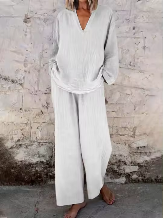 Conjunto de 2 piezas de viaje para mujer, estilo casual, manga corta, suéter de punto, pantalones de pierna ancha, conjuntos de salón, chándal - 1