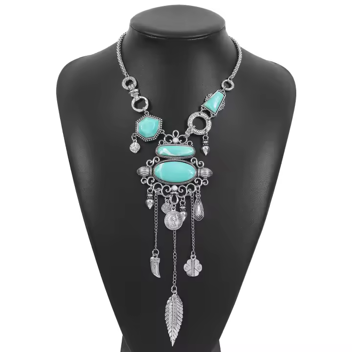 Collar de aleación de turquesa con incrustaciones de patrón étnico exagerado, cadena de cuello en forma de Y de diseño retro - 1
