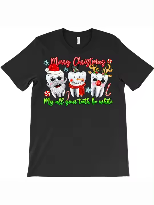 Feliz Navidad, todos tus dientes son camiseta blanca, regalo para papá, manga corta con cuello redondo suave y cómoda, 230g - 1