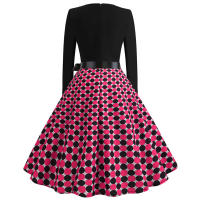 Women dot print party elegant vintage swing long sleeve dress - details 14