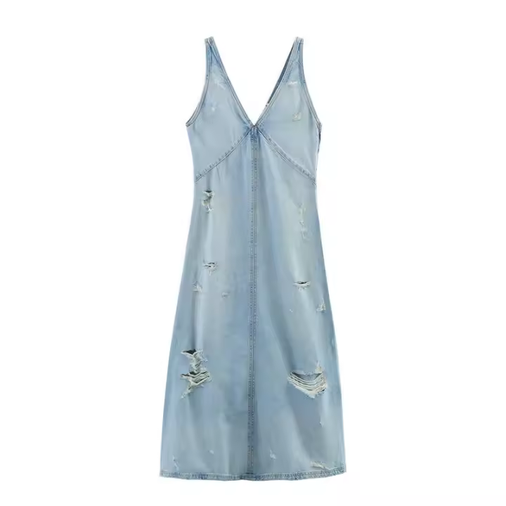 OUWU- Vestido vaquero sin mangas con cuello en V, desgastado y temperamento versátil a la moda para mujer, nuevo estilo europeo. - 1