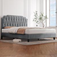 Tapizado en terciopelo Cama de matrimonio con cabecera ajustable en altura Marco de cama Soporte con listones de madera 160 × 200 cm Beige - details 9