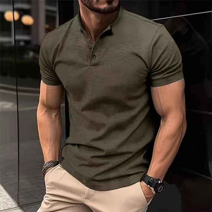 Camiseta casual grande Henry de manga corta con solapa para hombre, beige, rojo, verde, 2XL - 1