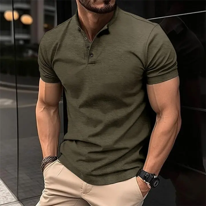 Camiseta casual grande Henry de manga corta con solapa para hombre, beige, rojo, verde, 2XL - 1