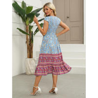 Vestido de verano con estampado bohemio, estilo de vacaciones, cuello en V, manga acampanada, moda para mujer - details 6