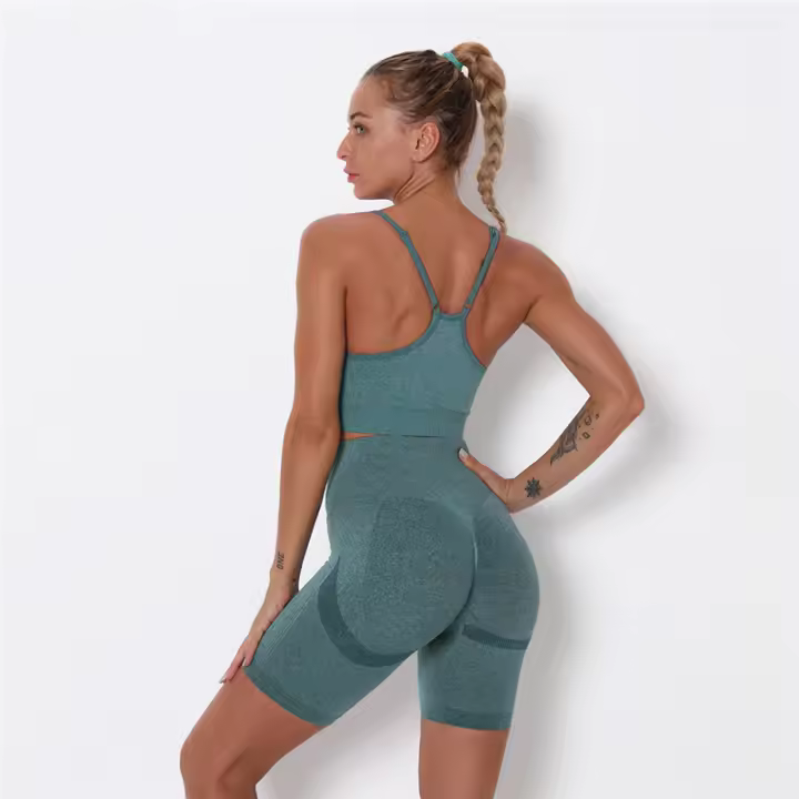 Conjunto de Yoga Sin Costuras para Mujeres Bra y Shorts Ropa De Gimnasio de Cintura Alta - 1