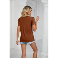 BUNO-2025 Camiseta holgada de manga corta con cuello en V para mujer, Top informal de encaje de Color puro, camiseta holgada cómoda y transpirable para verano - details 42